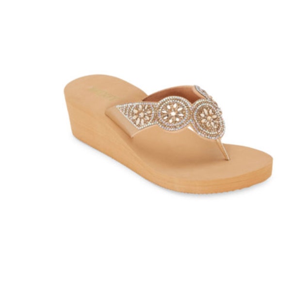 Women's Pecan Praline Jeweled Size 8 Sandals | Cute Cheap Sandals | Cheap Flip Flops | 2 Inch Wedge Heel | Slip-on Sandals | Open Toe Sandal
