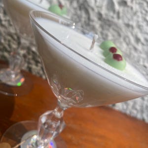 Dirty Martini Candle in Elegant Vintage Glass, Cocktail Inspired with Olive Garnish & Fresh Citrus scent, Unique Bar Cart Décor, white wax