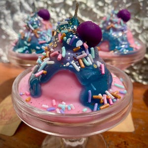 Cotton Candy Sundae Candle | Bubble Gum Scented Soy wax | Pink Dessert with rainbow sprinkles, blue syrup, Kawaii Room Decor, aesthetics