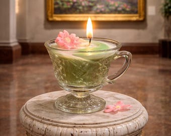 Matcha with Monet Candle – Matcha Latte Candle in Vintage Teacup | Claude Monet Water Lilies, drink Dessert Candle | Art lover gifts