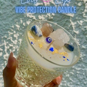 Vibe Protection | Fresh Linen Crystal Candle in Vintage Glass | Evil Eye Charm Candle | White Candle for Joy & Positive Energy, Charm Candle