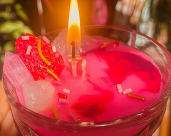 Candela "Incantesimo d'amore allo champagne e alla fragola", quarzo rosa, vetro vintage