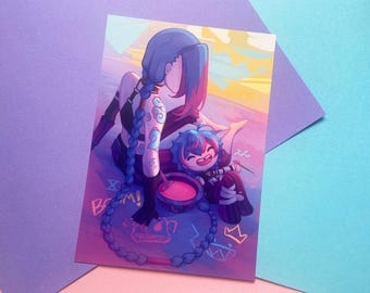 May include: A purple-haired character with blue tattoos and a black outfit is holding a pink potion in a cauldron. A blue character with a pink and blue outfit is sitting next to them. The background is a purple and pink gradient with a yellow sky.
