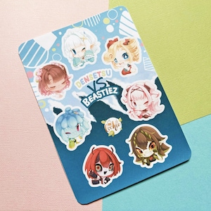 May include: A rectangular sticker sheet featuring the text DENSETSU VS BEASTIEZ in the centre, surrounded by seven distinct chibi-style character illustrations with varied hair colours and expressions, set against a blue background with white patterns.