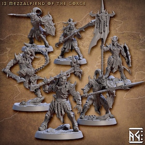 May include: A set of six gray plastic miniature figures of a fantasy creature with horns, holding weapons and shields. The figures are posed in various fighting stances. The figures are on circular bases.