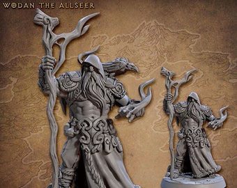 May include: A gray 3D printed miniature of a figure with a long beard, wearing a hooded robe and holding a staff. The figure is standing on a round base. The text "WODAN THE ALLSEER" is visible at the top of the image. An alternative version of the figure is shown on the right side of the image.