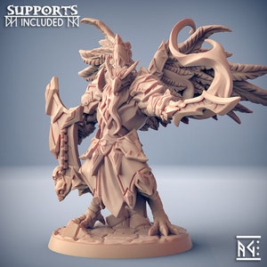 May include: A detailed miniature figurine of a bird-like creature wearing armor and holding a sword and shield. The creature has a feathered head and wings, and its armor is decorated with intricate details. The figurine is painted in a light brown color and is standing on a base.