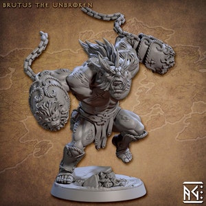 May include: A gray, detailed miniature figurine of a muscular, humanoid creature with a lion-like head, wearing a loincloth and wielding chained spiked balls. The creature has a fierce expression and is in a dynamic pose.