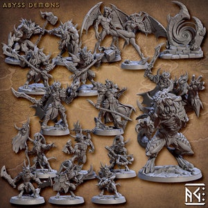May include: A set of 15 grey plastic miniature figurines of demons, some with wings, horns, and weapons. The figures are posed in various action poses and are set on circular bases. The figures are part of a set called "Abyss Demons".