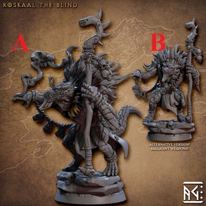 May include: Two gray, detailed miniature figures of a lizard-like creature with a staff and a wolf-like creature with a staff. The figures are standing on a base and are part of a tabletop game.