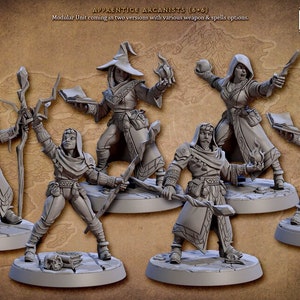 May include: A set of six grey plastic miniature figures of wizards, each with a different pose and holding a variety of magical items. The figures are standing on round bases. The text "Apprentice Arcanists (6+6)" is visible in the top left corner of the image. The text "Modular Unit coming in two versions with various weapon & spells options." is visible in the top right corner of the image.