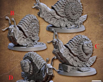 May include: Four detailed grey resin miniature sculptures of giant snails with open mouths and textured shells. The snails are posed on circular bases.