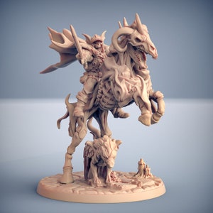 May include: A skeletal knight riding a skeletal horse with a skeletal wolf at its feet. The knight is wearing armor and a cape. The horse is rearing up on its hind legs. The wolf is snarling.