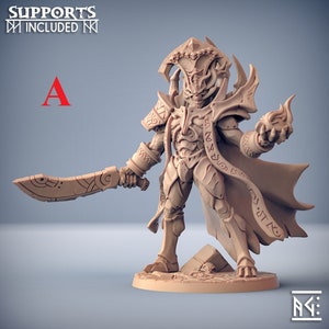 May include: A detailed miniature figurine of a skeletal figure wearing a robe and holding a sword and a flaming orb. The figure has a skull-like head with horns and a crown. The robe is decorated with intricate patterns and runes. The miniature is painted in a light brown color.