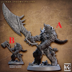 May include: A gray plastic miniature of a warrior with a large sword and a horned helmet. The warrior is wearing armor and has a skull on its belt. The miniature is standing on a base with a rocky texture. The miniature is labeled "A" and "B". The text "ULTRAN DRAGONSMASHER" is at the top of the image. The text "ALTERNATIVE VERSION! BALLJOINT WEAPONS!" is at the bottom of the image.