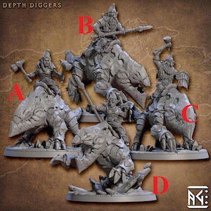 May include: A collection of gray fantasy miniatures, each depicting a dwarf riding a creature. The miniatures are detailed with weapons and armor. The text "DEPTH DIGGERS" is at the top of the image.