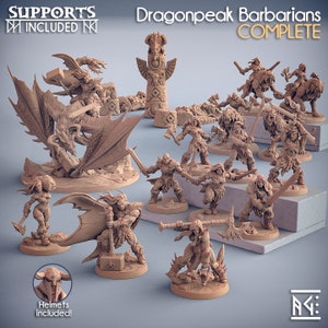 May include: A set of 15 unpainted miniature figurines of barbarians, a dragon, and a totem pole. The miniatures are made of a light brown plastic and are ready to be painted. The set includes supports for the miniatures. The text "Dragonpeak Barbarians COMPLETE" is visible in the image.