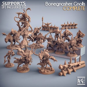 May include: A set of 14 unpainted miniature figures of gnolls, including a leader with a large axe, a fence, and the text "Bonegnasher Gnolls COMPLETE".