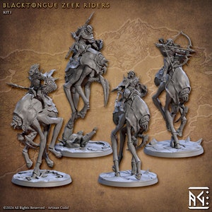 May include: Four gray plastic miniatures of riders on spider-like creatures. The riders are wearing hooded cloaks and holding weapons. The miniatures are on circular bases.