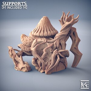 May include: A 3D printed miniature of a mushroom house with a large, domed roof and a tree trunk growing out of the side. The house is made of a light brown material and has a textured surface. The tree trunk is also made of a light brown material and has a rough texture. The house is sitting on a gray surface.