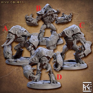 May include: Four gray plastic miniatures of Hive Colossi, a tabletop game. Each miniature is a creature with a crab-like appearance, with large claws and a shell-like body. The miniatures are posed in different stances, with some facing forward and others facing sideways. The miniatures are all on circular bases.