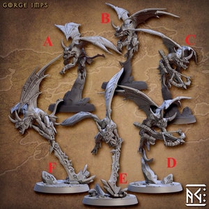 May include: Five gray, detailed miniature figurines of flying gargoyles with wings outstretched. Each gargoyle is posed differently and has a unique weapon or tool. The figurines are on a brown background with the text "GORGE IMPS" at the top.