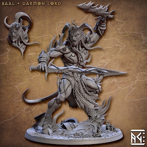 May include: A gray plastic miniature figurine of a demon lord with a sword and a fiery tail. The figurine is standing on a base with a map-like texture. The text "BAAL + DAEMON LORD" is visible at the top of the image.