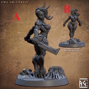 May include: A gray 3D printed miniature of a female figure with a sword. The figure is wearing futuristic armor and has a mohawk hairstyle. The miniature is standing on a rocky base. The image also shows an alternative version of the miniature with ball-joint weapons.