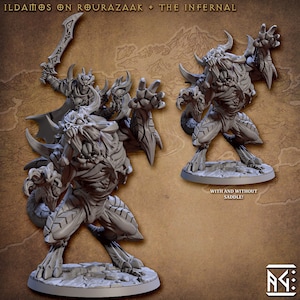 May include: A gray, detailed miniature of a demon riding a monstrous beast. The demon is holding a sword and has horns. The beast has sharp claws and teeth. The miniature is shown from two angles, with and without a saddle.