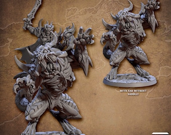 May include: A gray, detailed miniature of a demon riding a monstrous beast. The demon is holding a sword and has horns. The beast has sharp claws and teeth. The miniature is shown from two angles, with and without a saddle.