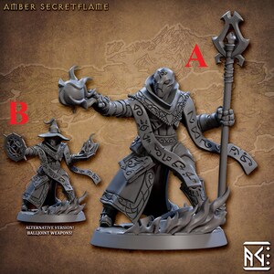 May include: Two gray plastic miniature figures of a wizard with a hooded robe and a staff. The wizard on the left is holding a small orb and the wizard on the right is holding a staff with a curved top. Both figures are standing on a base with flames. The text "ALTERNATIVE VERSION! BALLJOINT WEAPONS!" is at the bottom of the image.