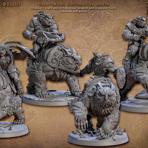 May include: Four gray, detailed miniature figures of goblins riding bears. The goblins are armed with weapons and shields. The bears are sculpted with fur and have a fierce expression. The miniatures are part of a set called "Bronzeclad Greatgoblins" and "Greatgoblin Nightmauler Riders".