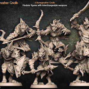 May include: Six unpainted miniature figures of gnolls, a type of humanoid creature with wolf-like features, in various poses. The figures are holding weapons such as swords, axes, and spears. The figures are made of a gray plastic material. The figures are part of a set called "Bonegnasher Gnolls" from Artisan Guild.