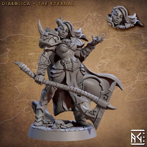 May include: A gray painted miniature figurine of a female warrior with horns, wearing armor and holding a large axe. The figure is standing on a circular base with a skull and chain.