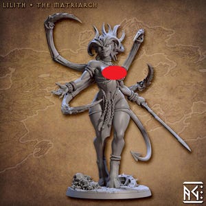 May include: Gray painted miniature figurine of a female demon with four arms, a tail, and horns. The demon is wearing a skirt and jewelry. The figurine is standing on a base with skulls.