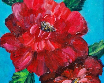 Red Floral Acrylic Painting, Original Flower Wall Art (8x10)