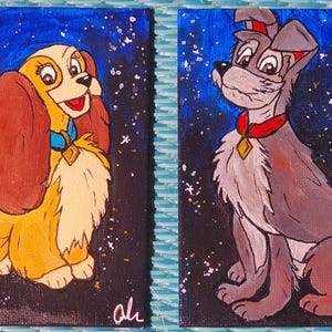 Lady and the Tramp acrylic paint canvas board wall art. Inspired childhood wall decor.