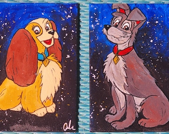 Lady and the Tramp acrylic paint canvas board wall art. Inspired childhood wall decor.