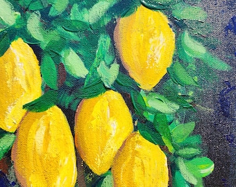Lemon Branch Acrylic Painting, Textured Summer Kitchen Wall Art