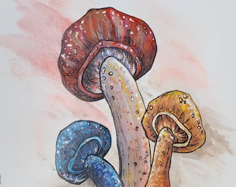 gouache hand drawn,painted forest mushrooms, paint and ink design,seasonal autumn decor.