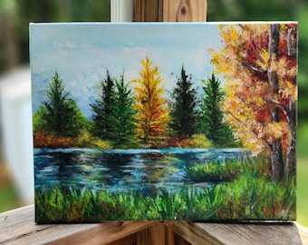 Original Autumn Landscape Painting, Acrylic Birch Tree Wall Art (12x16 in)
