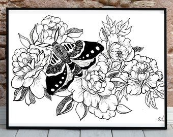 Gothic Moth and Peonies Print, Mystical Floral Artwork (Digital Download)