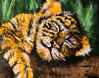 Sleeping Bengal Tiger Cub Art Print, Boho Wall Decor