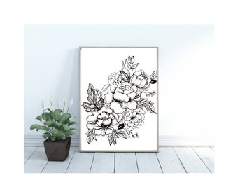 Gothic Peony Carnation Line Art Print, Floral Tattoo Design (Digital Download)
