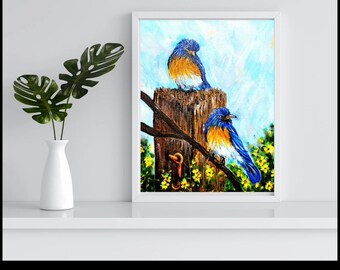 Bluebird artwork print, Nature wall art,