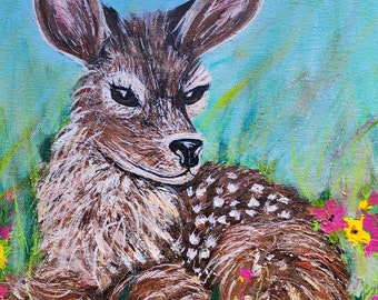 Little deer original acrylic painting, forest animal, deer in wildflowers, nature wall art