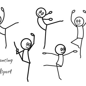 May include: Five stick figure drawings of people dancing. The figures are black and white and have simple facial features. The text "Dancing Clipart" is below the figures.