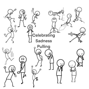 Imágenes prediseñadas de figuras de palo, Celebrando, Tristeza, Tiriendo, 19 figuras
