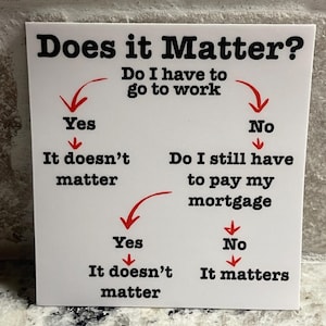 May include: A white square sign with the text "Does it Matter?" in black. The sign features a flowchart with questions and answers in black text and red arrows.