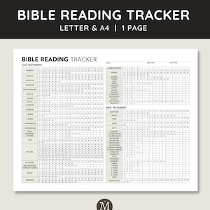 Puede incluir: Un rastreador de lectura bíblica blanco con el texto "BIBLE READING TRACKER" en la parte superior. El rastreador incluye secciones para el Antiguo y Nuevo Testamento, con espacios para marcar el progreso de la lectura. El logotipo de la tienda Etsy está en la parte inferior.